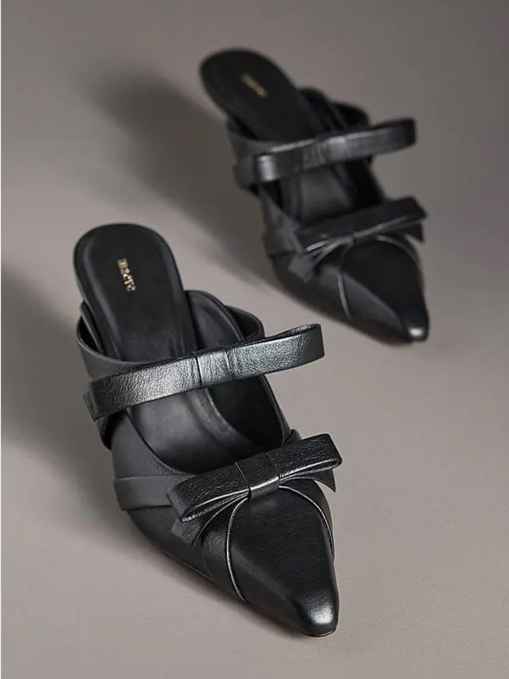 MAEVE Anthropologie Double Bow Heeled Mules, Black Leather Size US 7 -7.5  EU 38